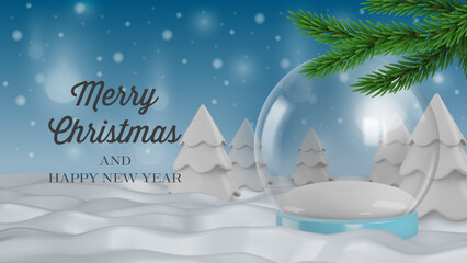 christmas banner with 3d snow globe and pine branches. christmas background with 3d christmas tree on snowy landscape