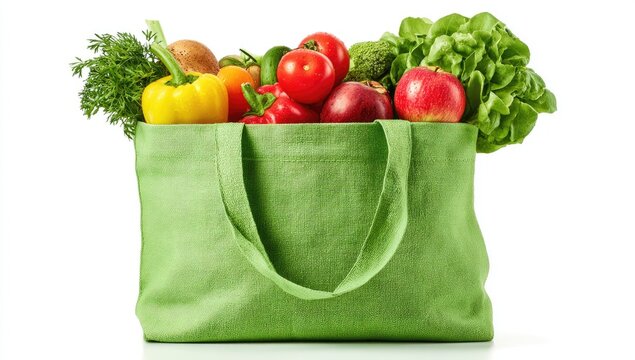 A reusable green bag overflowing with fresh, colorful produce against a clean white background