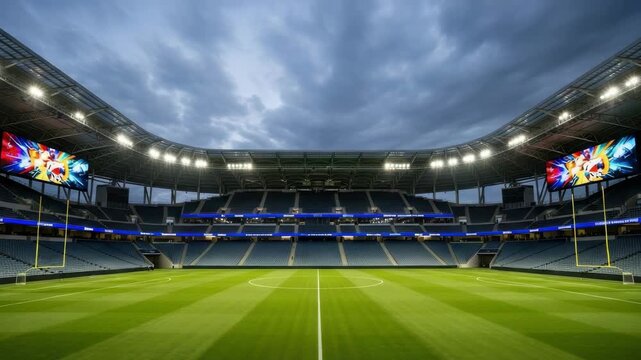 vast empty modern stadium under cloudy sky showcasing vibrant green field with yard lines numerous dark blue seats and two large colorful LED screens under brilliant overhead lights