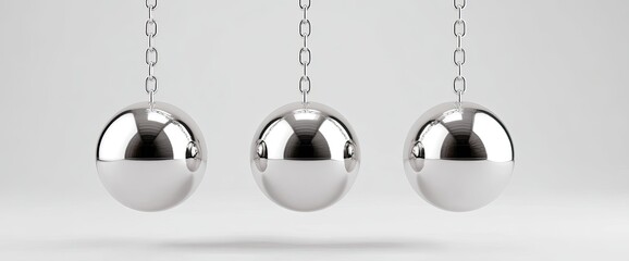 Shiny, spherical metal balls hang from chains against a pale background. Three identical objects in focus