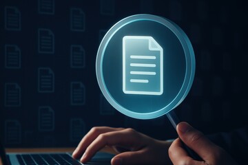Magnifying glass focusing on glowing digital file document icon symbolizing search and analysis
