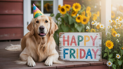 Golden Retriever Dog Wearing Party Hat Sitting Near Happy Friday Sign Outdoors