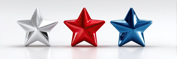 Shiny, three-dimensional stars in silver, red, and blue, arranged horizontally on a white background