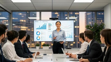 female presenter leads diverse group of seven professionals in modern conference room She points at large screen displaying charts while attendees observe A city skyline is visible outside