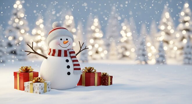 Illustration of cute snowman with scarf and hat surrounded by christmas gifts in a snowy landscape