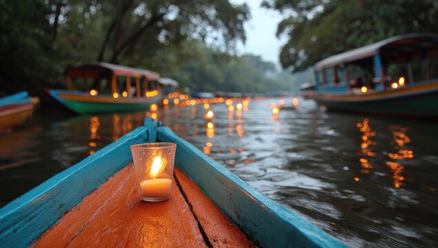 Boats glide on a tranquil river, illuminated by candlelight, creating a serene, ethereal scene