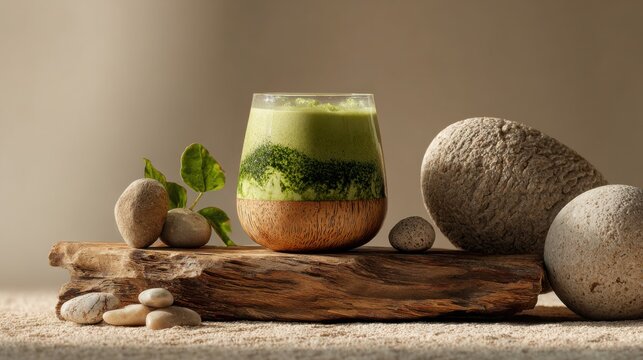Refreshing green drink with natural elements calm setting beverage photography minimalist style aesthetic appeal
