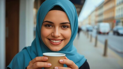 Cheerful Woman with Hijab Holding Coffee Cup