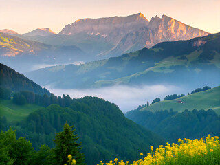 sunset in the mountains. mountain, landscape, nature, mountains, sky, snow, forest, alps, summer, travel, peak, view, clouds, hill, green, meadow, grass, panorama, cloud, outdoor, valley, rock, fog, s