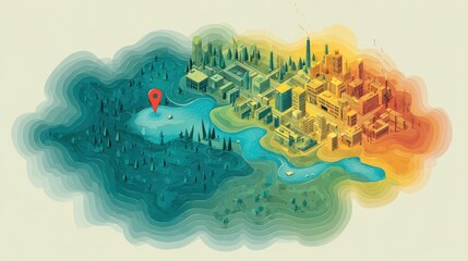 Air quality monitoring flat design top view urban environment water color Triadic Color Scheme.