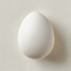 A single white egg, smooth and oval, sits centered on a textured off-white surface