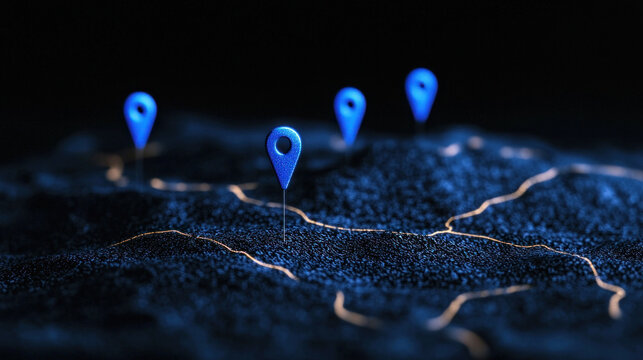 Close up of a dark map surface with vivid blue location pins marking key points across a digital landscape, suggesting exploration and precise data gathering.