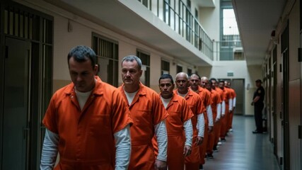 line of men in orange jumpsuits walk somberly down prison corridor with cell doors and an upper balcony A lone guard stands watch in the distance - Powered by Adobe