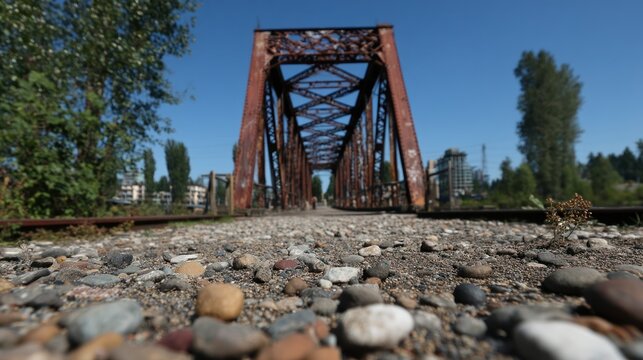 Low angle view of an old rusty steel railway bridge with gravel tracks under a clear blue sky on a sunny day, industrial architecture. - Powered by Adobe