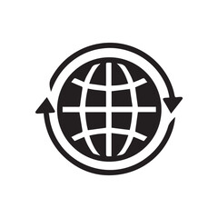 Black and white graphic illustration representing global connectivity and international networks with rotating arrows surrounding the planet Earth