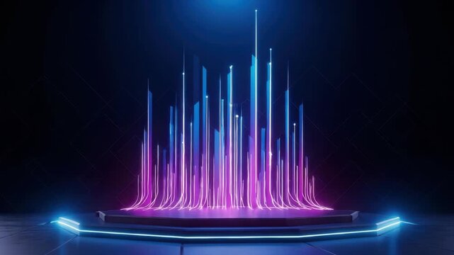 tiered platform glows with blue and magenta light from which numerous vibrant interconnected lines of light ascend some vertically some curving against dark subtly geometric background