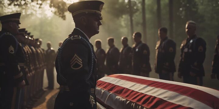 Slow mo. Funeral with honors. Funeral of a military man. American flag. Funeral in the fog. American flag on the coffin. Mourning people in uniform. Blurred background.	
