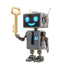 Friendly AI Robot with Key on Transparent Background
