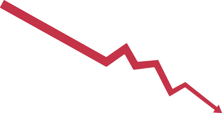 Jagged red arrow pointing downwards trend decline