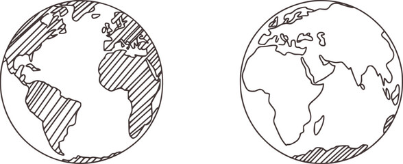 Two globes showing continents with hatching earth outline