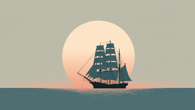 Silhouette of a tall sailing ship on water with a large sun in the background