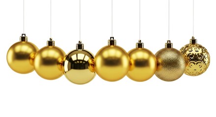 Illustration of seven golden christmas baubles hanging in a row isolated on white background