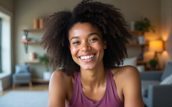 Happy smiling young african female blogger in sportswear talk to web cam broadcast live from home on personal channel. Young black woman glad to answer friend by video call on pc screen in messenger