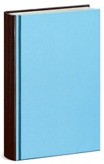 A hardcover book stands angled, showing light blue cover and a dark brown spine