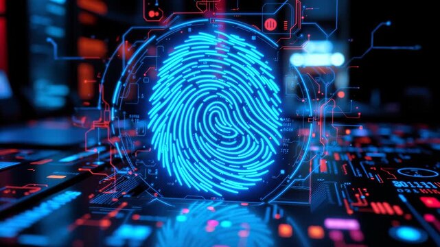 Cyber Security: A digital fingerprint illuminates on a computer circuit board.