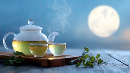 A teapot and cups of tea sit on a wooden tray with the moon glowing in the background