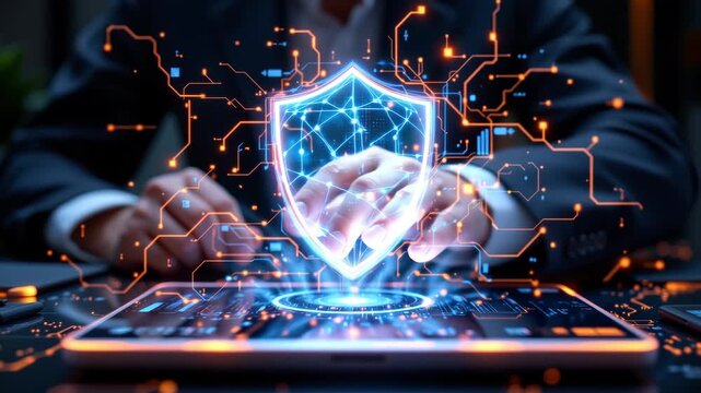 Digital Shield: A futuristic, computer-generated depiction of a person interacting with a digital security shield over a tablet, evoking concepts of protection, data security.