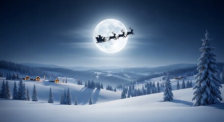 Illustration of santa claus flying in his sleigh pulled by reindeer across a full moon over a snowy winter landscape at night