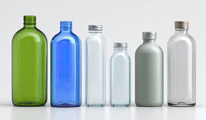 Naklejka premium Several different colored glass bottles with metal caps arranged on a white surface
