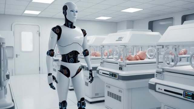 white humanoid robot walks through sterile white room filled with multiple incubators each holding baby The room is brightly lit with overhead lights
