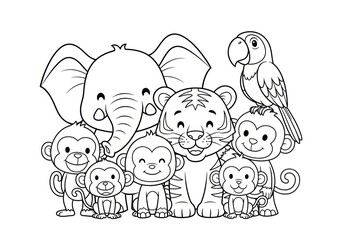 Cute Jungle Animals Group Coloring Page Illustration for Kids.