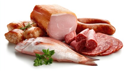 Assortment of various raw and cooked meat and fish items isolated on white background