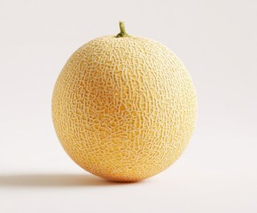 A single ripe melon sits centered against a white backdrop, lit from above