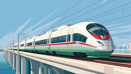 Fototapeta premium A streamlined, modern passenger train speeding along an elevated track over water, cityscape in background