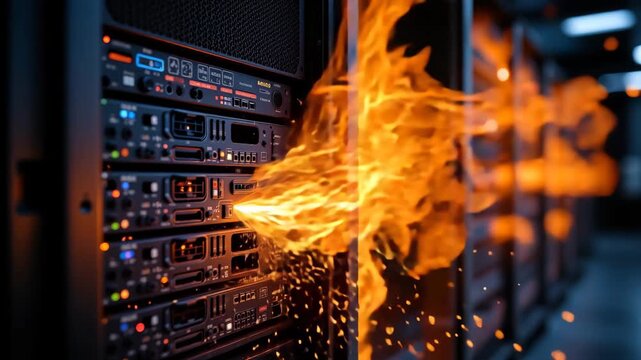 Server Blaze: A blazing inferno engulfs a server rack, flames licking at the hardware, signifying data breach or hardware failure.