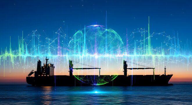 A large ship displaying digital data across the ocean