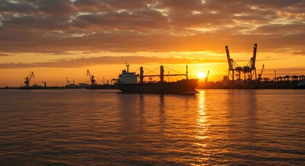 Obraz premium Cargo Ship sailing in harbor during a stunning sunset