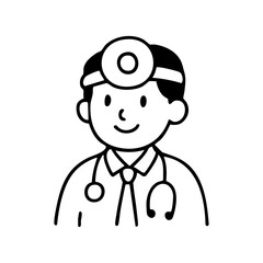 Line drawing of a smiling doctor with head mirror