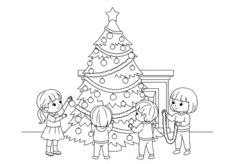 Fototapeta premium Children Decorating a Christmas Tree - A Festive Coloring Page.