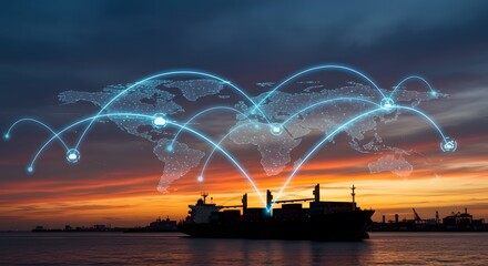 Silhouette of cargo ship trading across global network at sunset