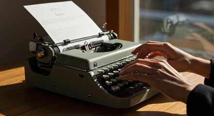 Vintage typewriter writer typing machine keyboard hands paper retro journalism author novel story