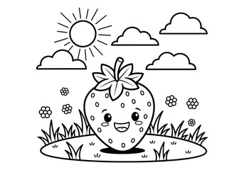 Cute Strawberry Character Coloring Page with Sun and Clouds.