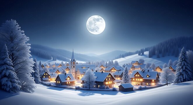 Illustration of enchanting winter village scene under a full moon with snowcovered roofs and warm lights glowing from windows