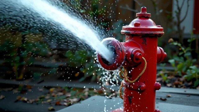 Fire Hydrant in Action: A vibrant red fire hydrant stands in readiness, gushing water with force, capturing the essence of urban infrastructure and emergency readiness.