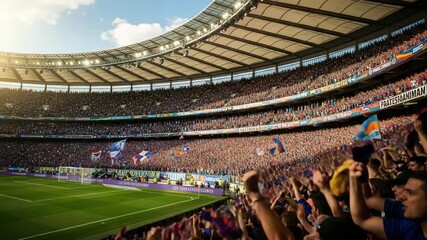 Thousands of cheering fans pack massive stadium arms raised and flags waving electric atmosphere A vibrant green pitch lies below multi-tiered seating bathed in sunlight