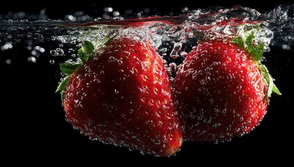 Two ripe strawberries plunge into water, surrounded by bubbles, against a black backdrop